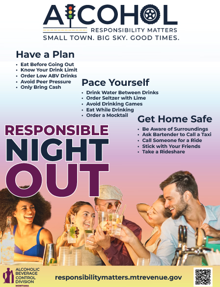 A vibrant poster with the headline 'RESPONSIBLE NIGHT OUT' offering tips for a safe evening. It includes sections: 'Have a Plan' with advice like eating before going out and avoiding peer pressure, 'Pace Yourself' suggesting drinking water between drinks and avoiding drinking games, and 'Get Home Safe' with tips like being aware of surroundings and taking a rideshare.