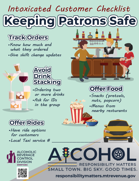 Colorful Poster with title 'Intoxicated Customer Checklist' with suggestions including tracking orders, avoiding drink stacking, and offering food. Illustrations of bar patrons, alcoholic beverages, food and a taxi supplement the text.