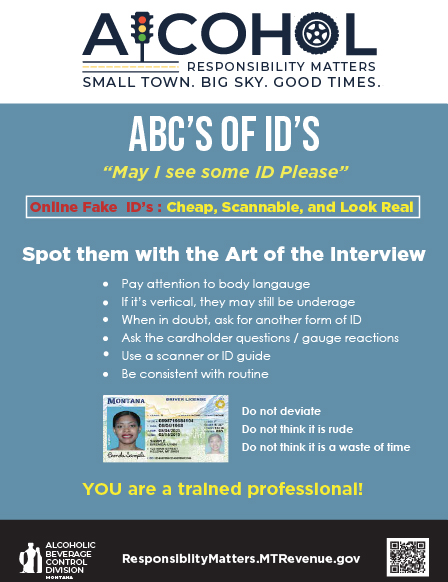 An educational poster with the title "ABC'S OF ID'S" and the phrase "May I see some ID Please" in the center. It discusses identifying fake IDs, advising to pay attention to body language, check for underage vertical IDs, and use scanners or ID guides.