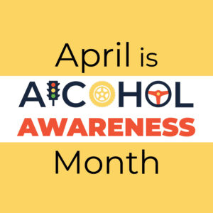 A yellow background with the statement 'April is Alcohol Awareness Month' and a reminder to click a link for more information, featuring the Alcohol Beverage Control Division logo of Montana.