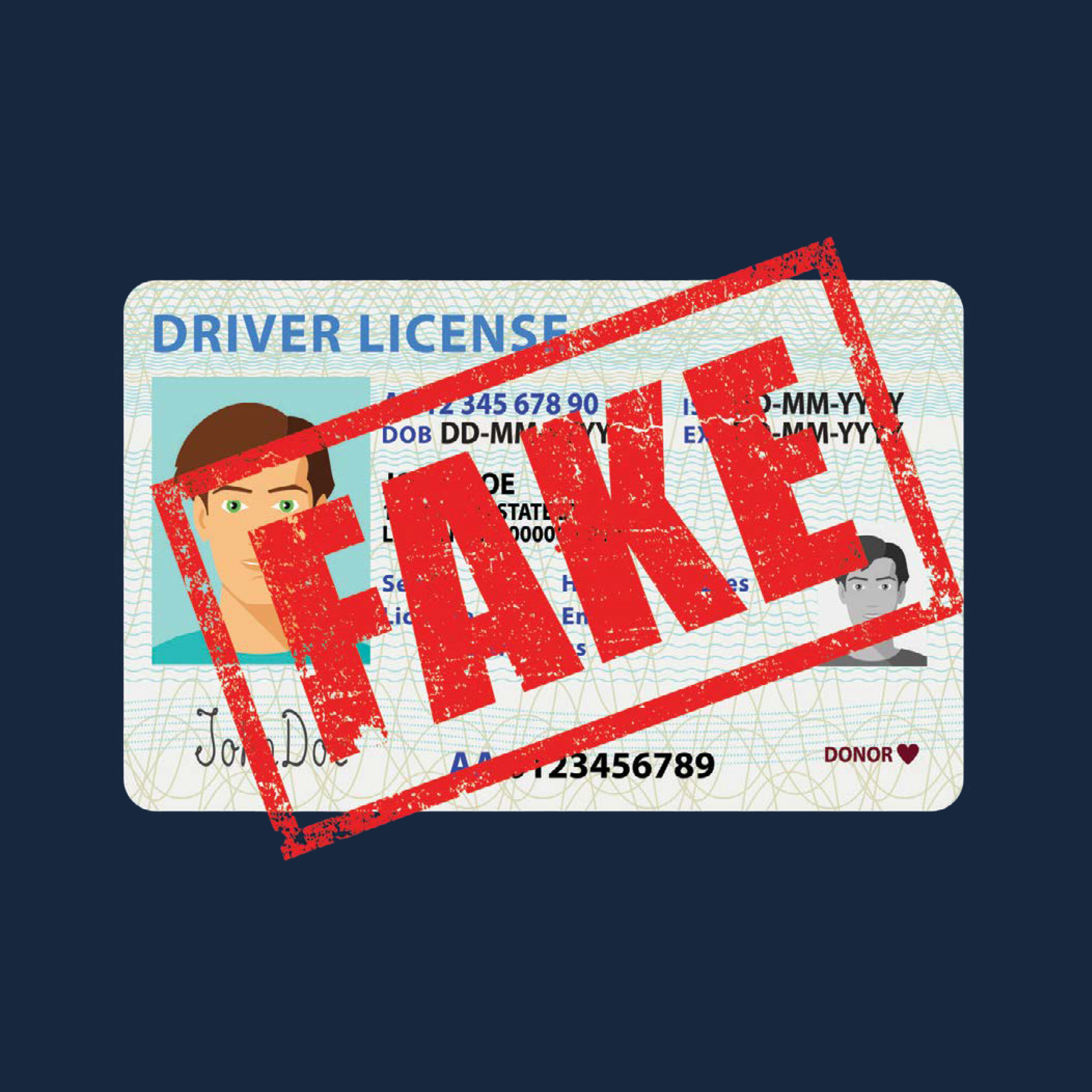 Illustrated ID with 'Fake' in red letters